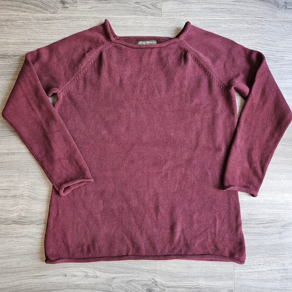 Eddie Bauer Womens XL Burgundy Cotton Blend Boat Neck Raglan Pullover Sweater